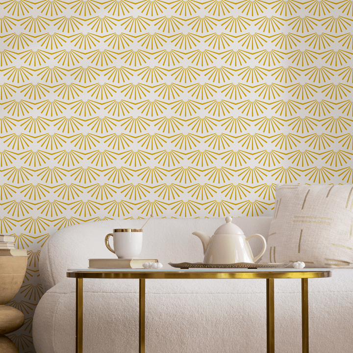 Art Deco Wallpaper with a Geometric Sunburst Motif in Yellow - B911