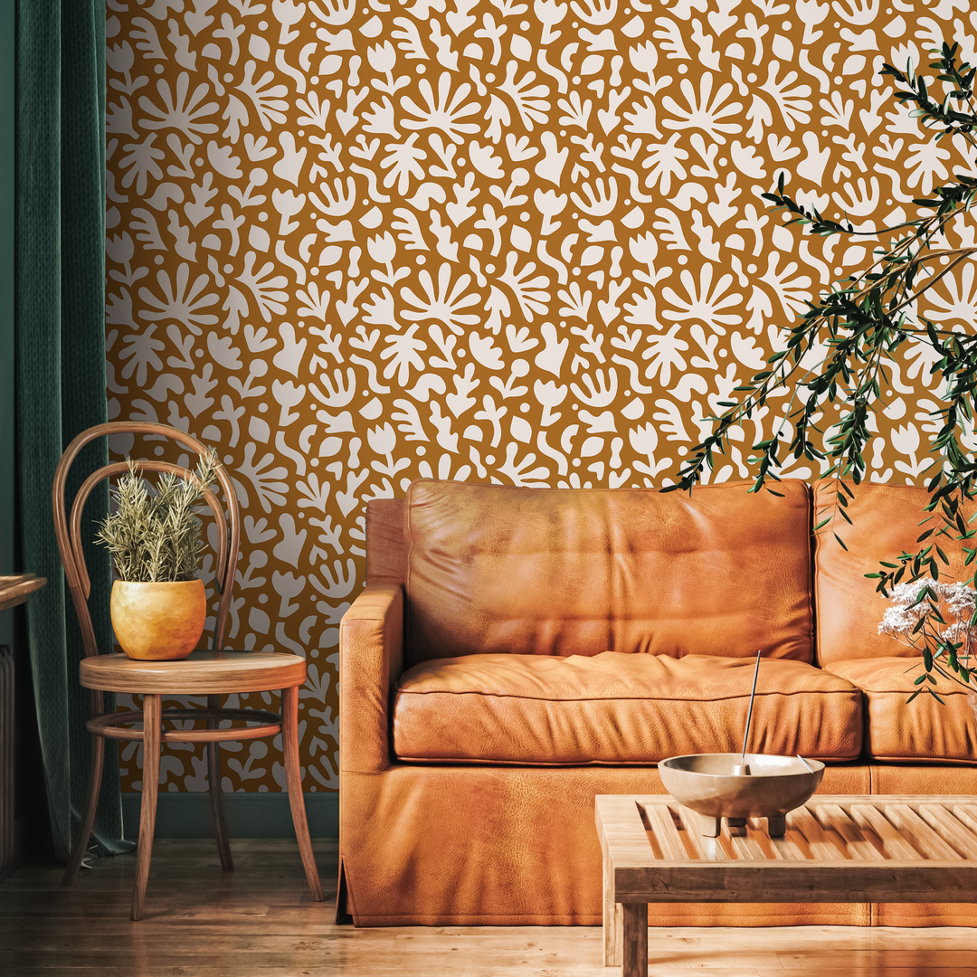 Abstract Wallpaper with Matisse Inspired Botanical Shapes in Ochre and White - B917