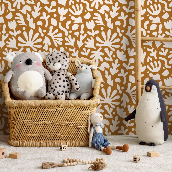 Abstract Wallpaper with Matisse Inspired Botanical Shapes in Ochre and White - B917