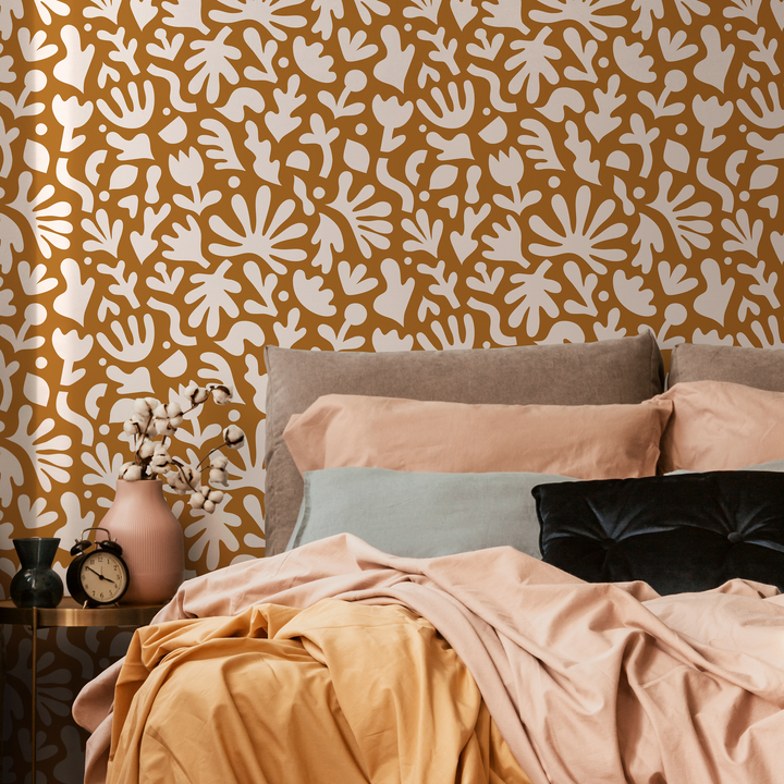 Abstract Wallpaper with Matisse Inspired Botanical Shapes in Ochre and White - B917