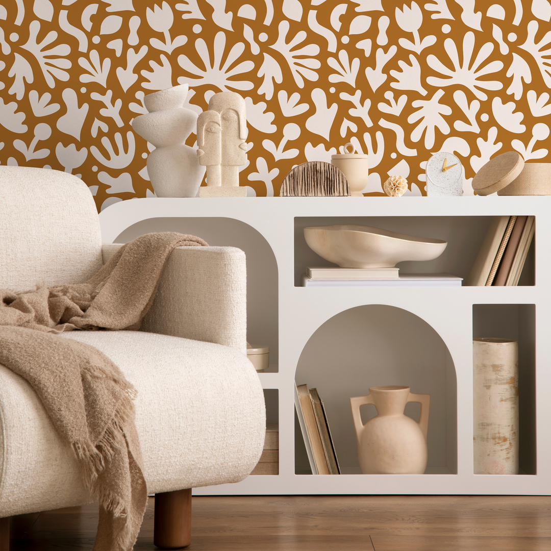 Abstract Wallpaper with Matisse Inspired Botanical Shapes in Ochre and White - B917