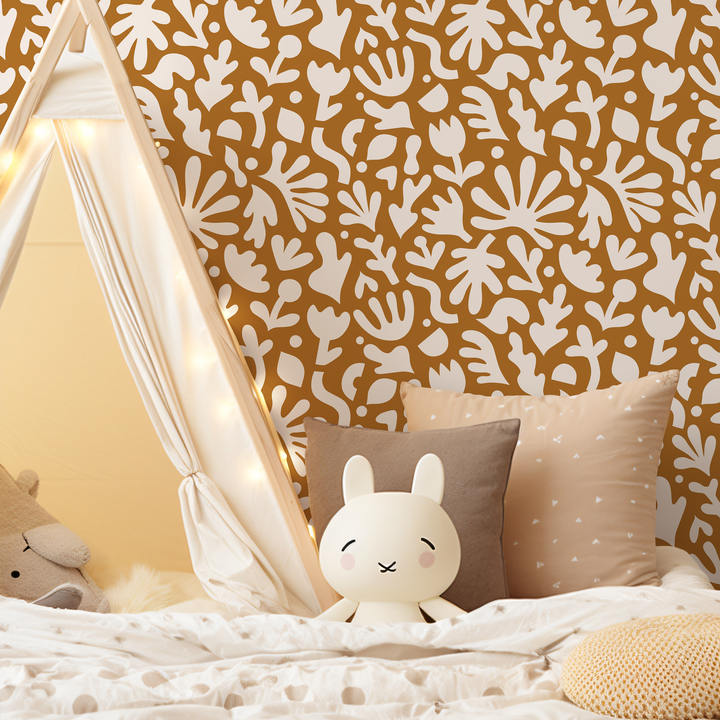Abstract Wallpaper with Matisse Inspired Botanical Shapes in Ochre and White - B917