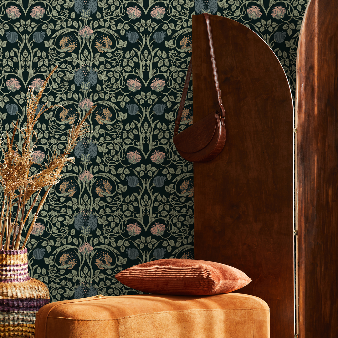 Art Nouveau Wallpaper with an Intricate Floral Damask in Green, Pink, and Blue - B919