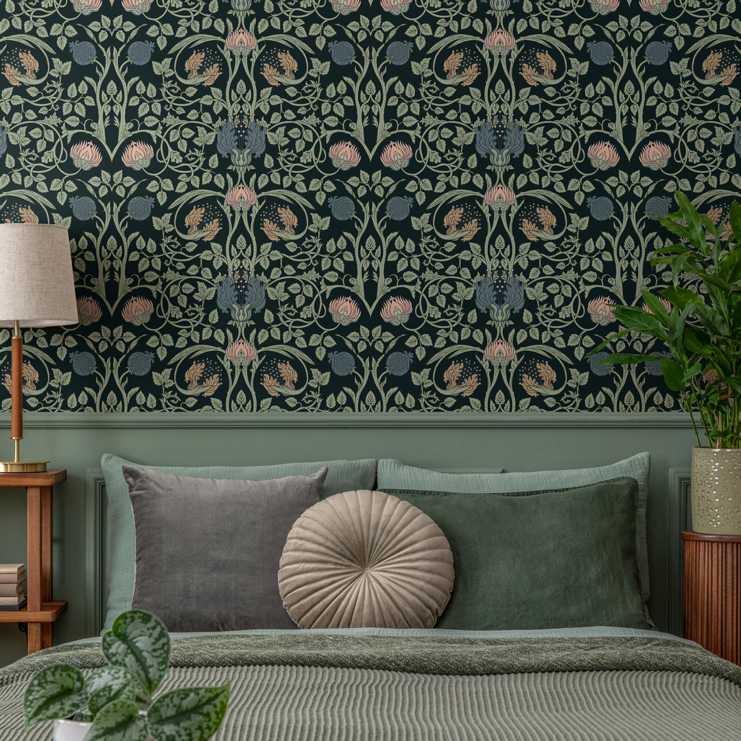 Art Nouveau Wallpaper with an Intricate Floral Damask in Green, Pink, and Blue - B919