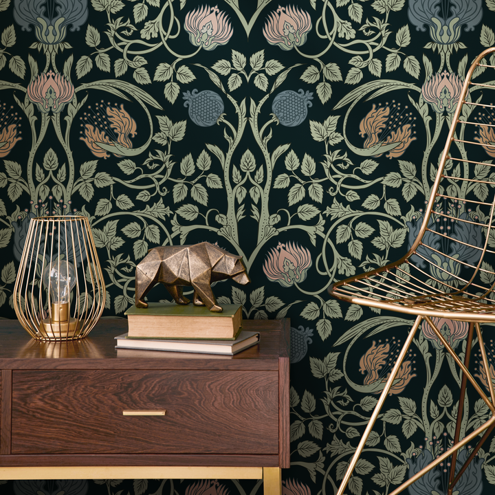Art Nouveau Wallpaper with an Intricate Floral Damask in Green, Pink, and Blue - B919
