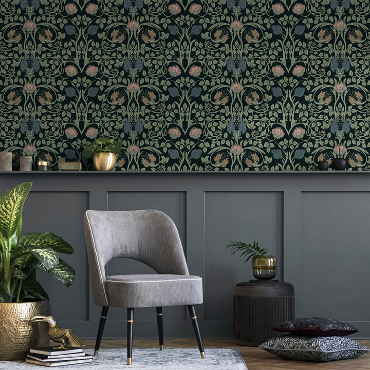 Art Nouveau Wallpaper with an Intricate Floral Damask in Green, Pink, and Blue - B919