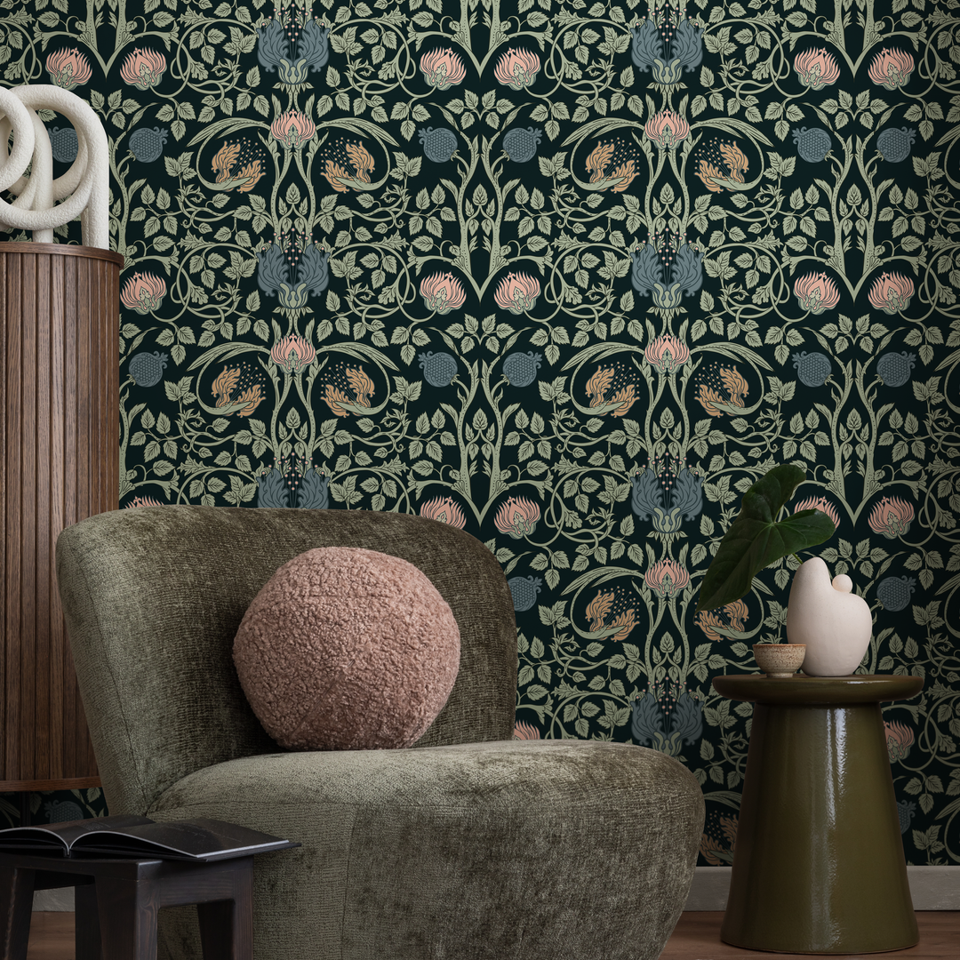Art Nouveau Wallpaper with an Intricate Floral Damask in Green, Pink, and Blue - B919
