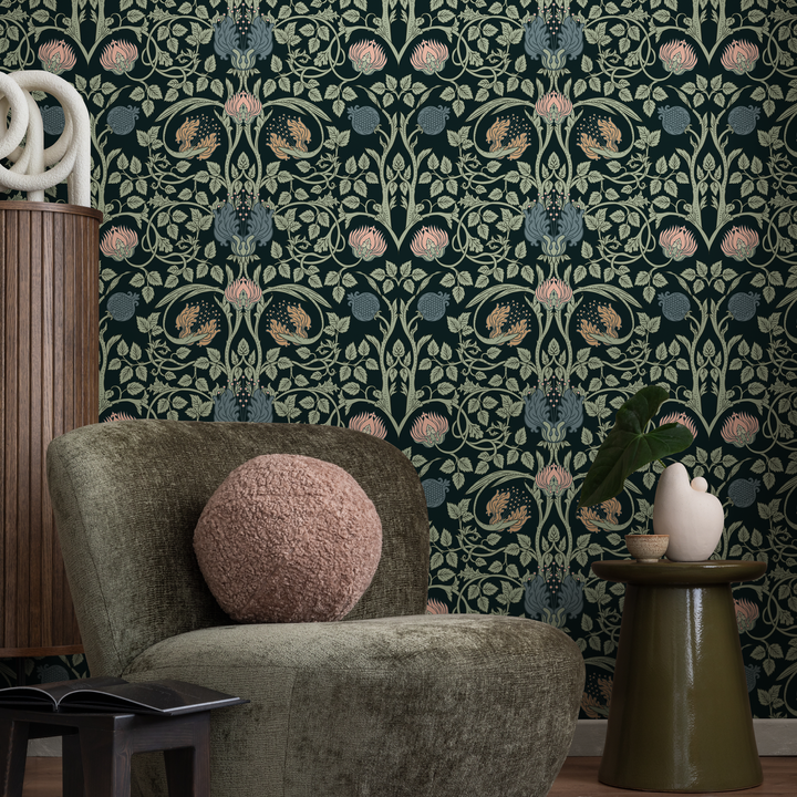Art Nouveau Wallpaper with an Intricate Floral Damask in Green, Pink, and Blue - B919