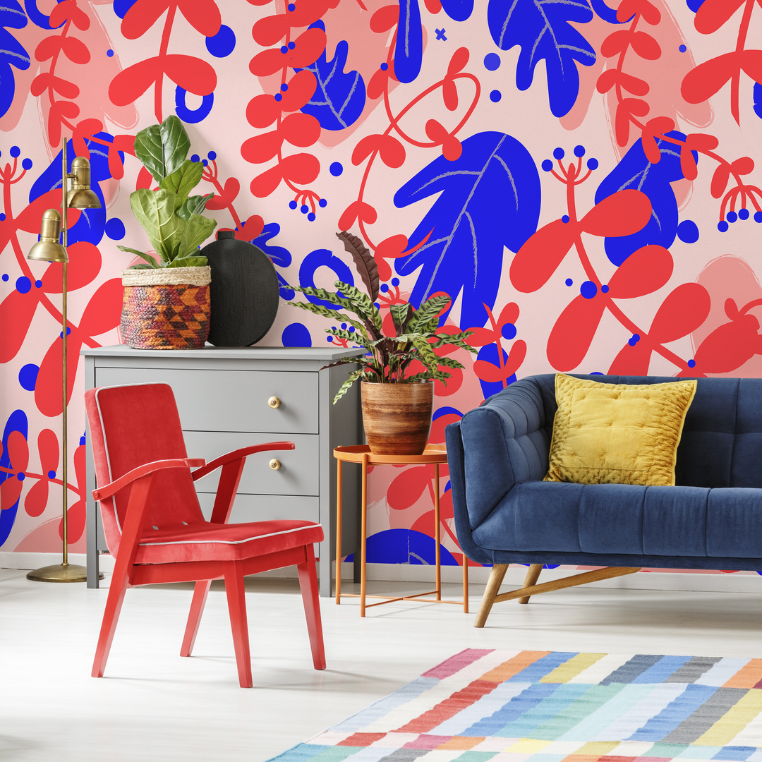 Botanical Wallpaper with Abstract Floral Shapes in Red, Blue, and Pink - B926