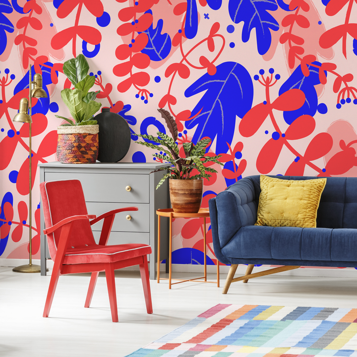 Botanical Wallpaper with Abstract Floral Shapes in Red, Blue, and Pink - B926