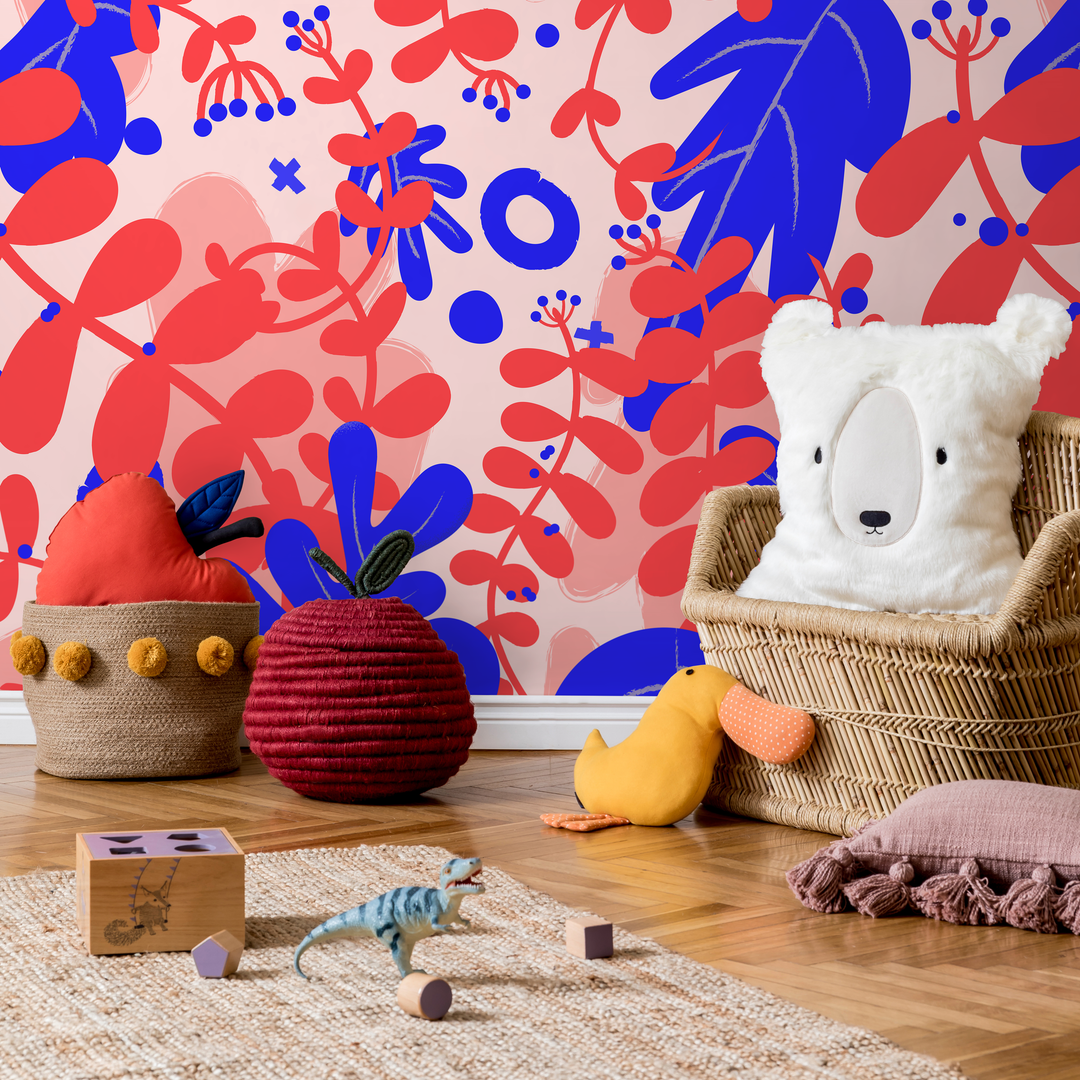 Botanical Wallpaper with Abstract Floral Shapes in Red, Blue, and Pink - B926