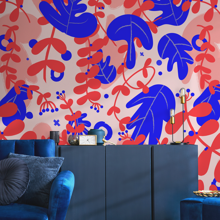 Botanical Wallpaper with Abstract Floral Shapes in Red, Blue, and Pink - B926