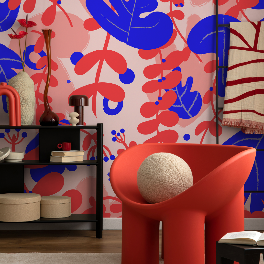 Botanical Wallpaper with Abstract Floral Shapes in Red, Blue, and Pink - B926