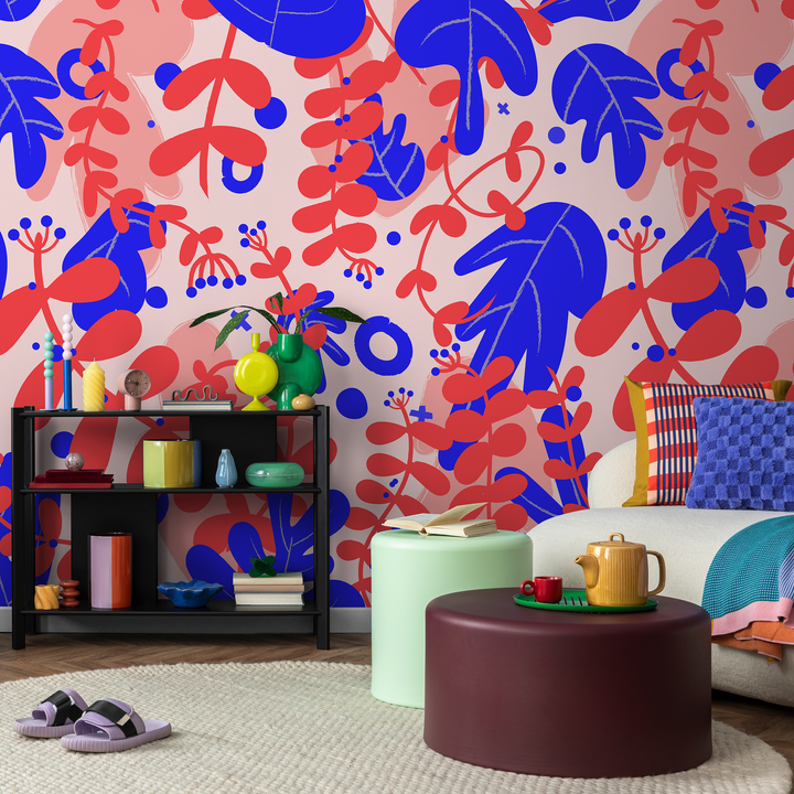 Botanical Wallpaper with Abstract Floral Shapes in Red, Blue, and Pink - B926