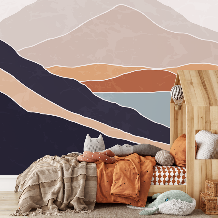 Abstract Wallpaper with a Minimal Landscape in Terracotta, Navy, and Beige - B950