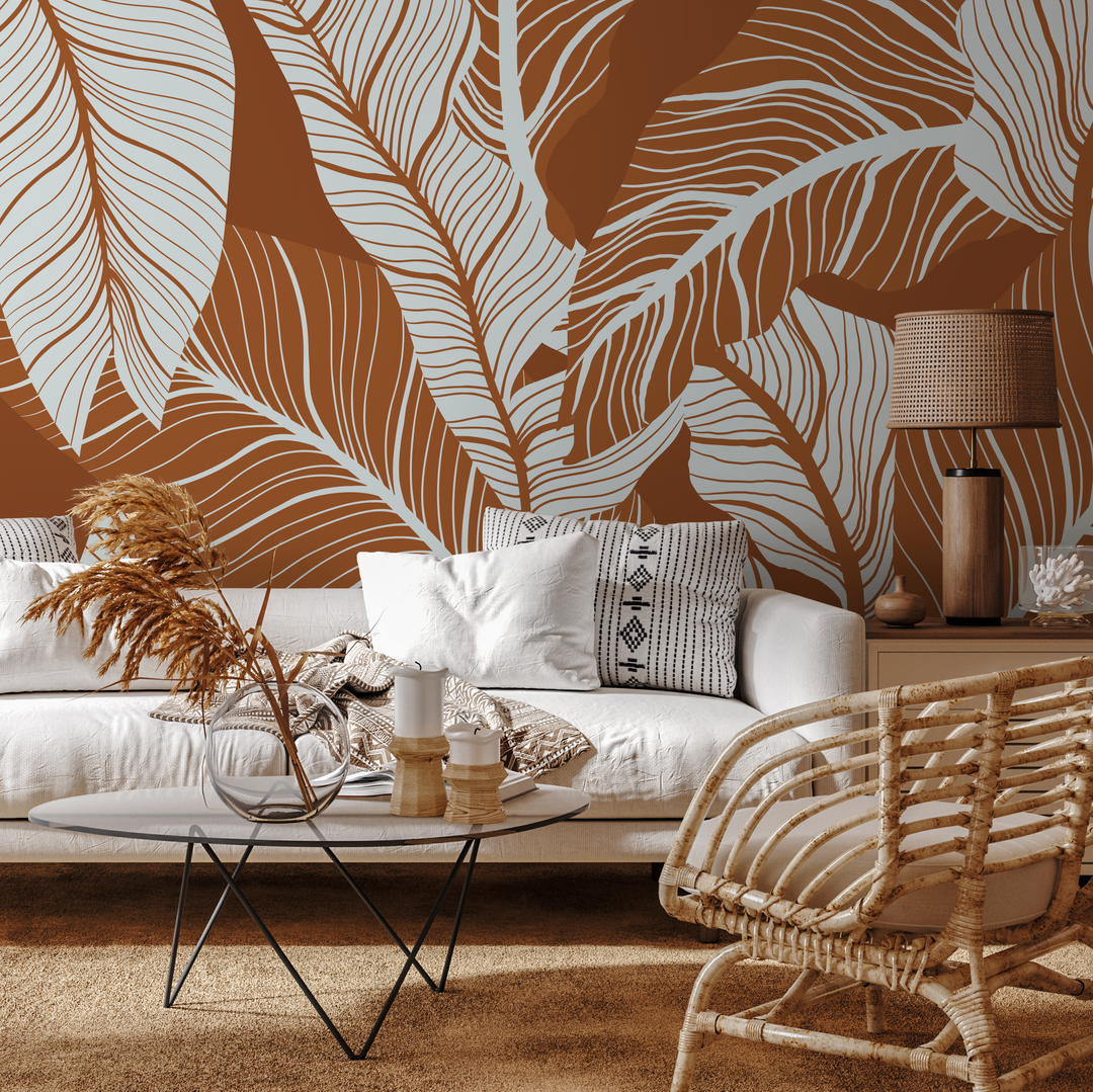 Botanical Wallpaper Featuring Large Tropical Leaves in Terracotta and Gray - B957