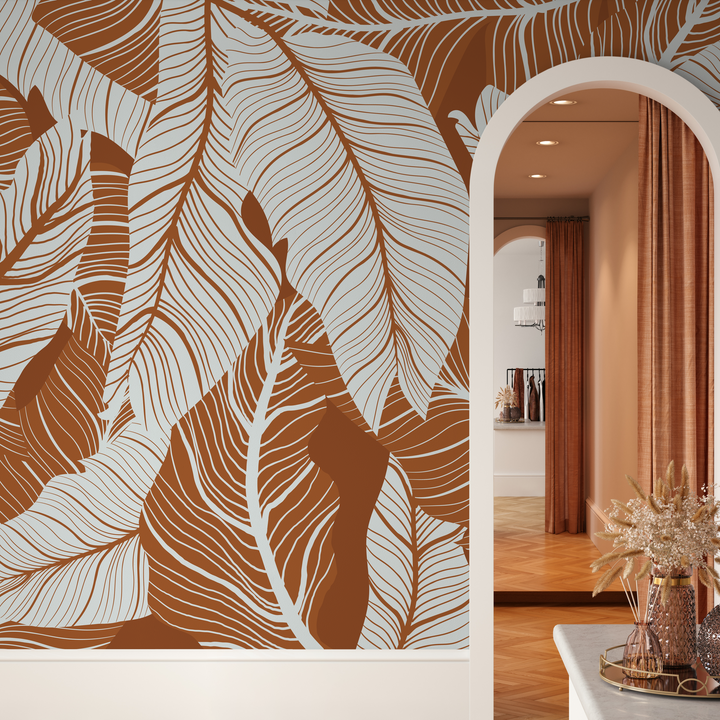 Botanical Wallpaper Featuring Large Tropical Leaves in Terracotta and Gray - B957