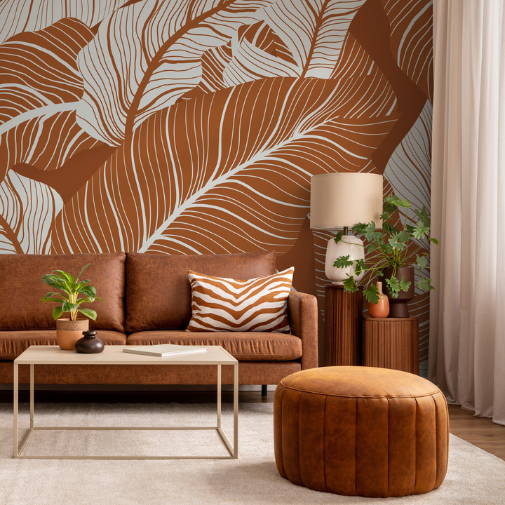Botanical Wallpaper Featuring Large Tropical Leaves in Terracotta and Gray - B957