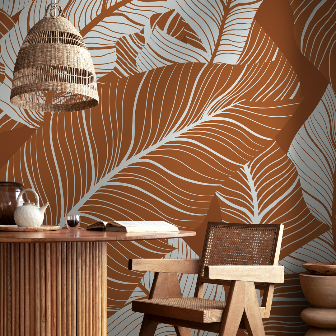 Botanical Wallpaper Featuring Large Tropical Leaves in Terracotta and Gray - B957