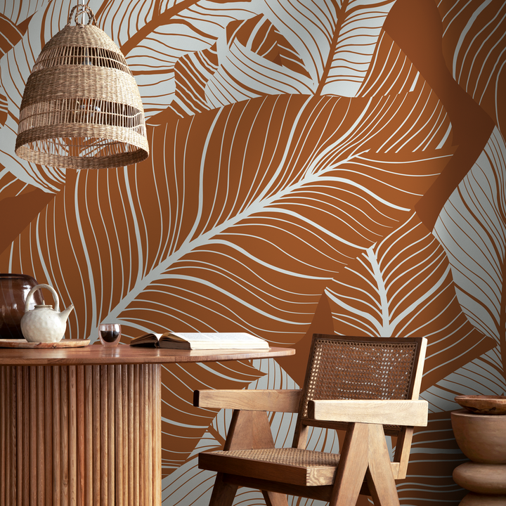 Botanical Wallpaper Featuring Large Tropical Leaves in Terracotta and Gray - B957