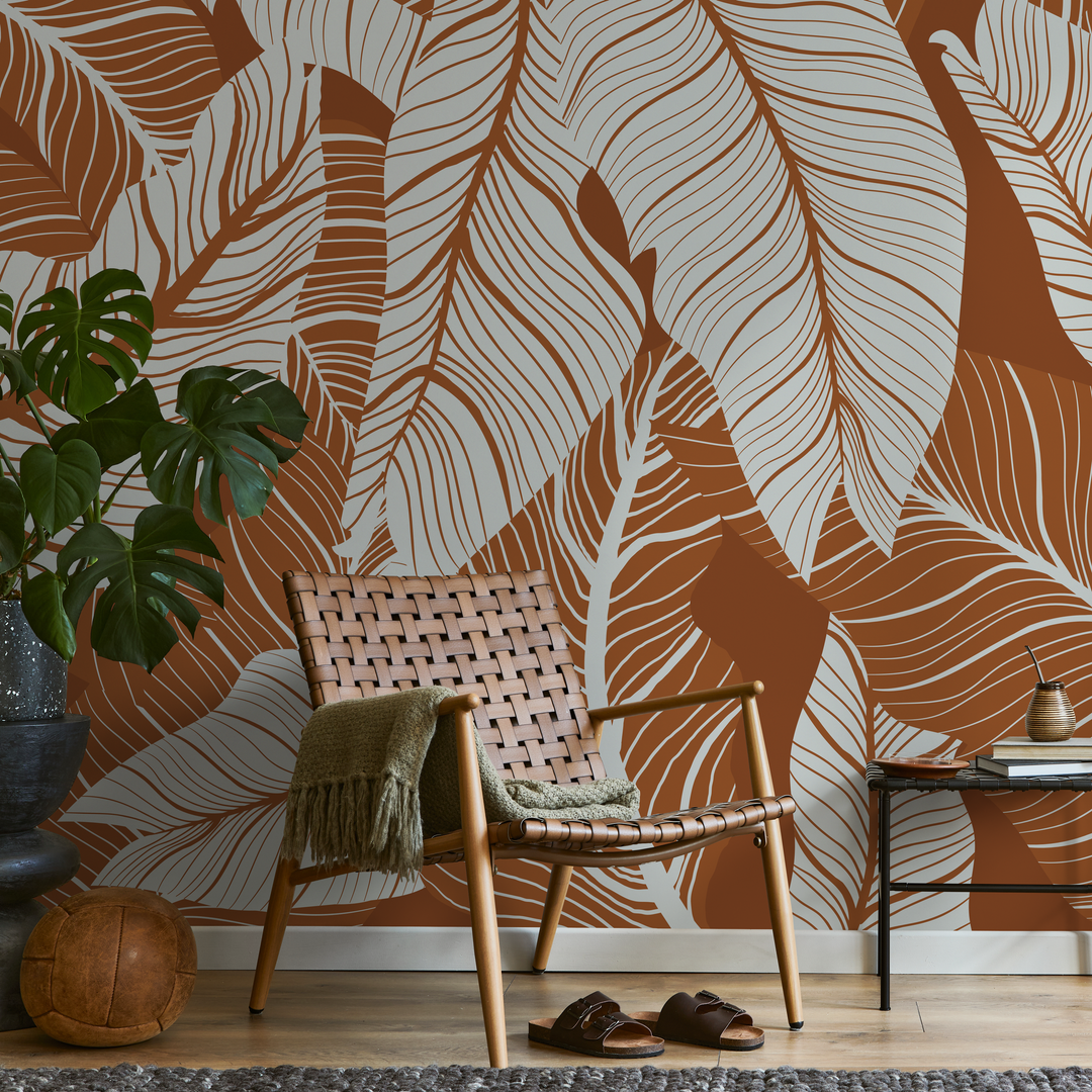 Botanical Wallpaper Featuring Large Tropical Leaves in Terracotta and Gray - B957