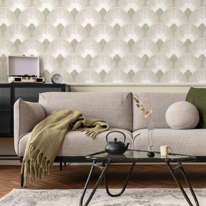 Art Deco Wallpaper with a Geometric Fan Pattern in Gray and White - C010