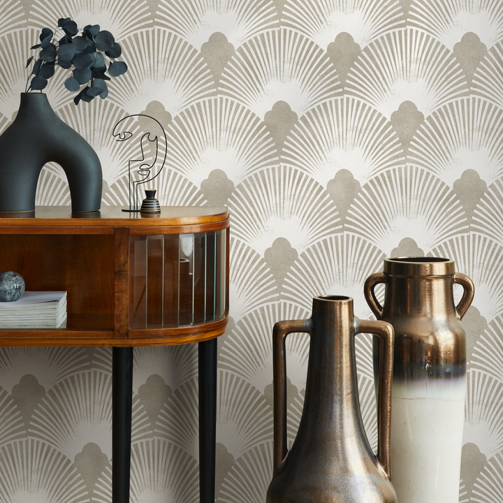 Art Deco Wallpaper with a Geometric Fan Pattern in Gray and White - C010