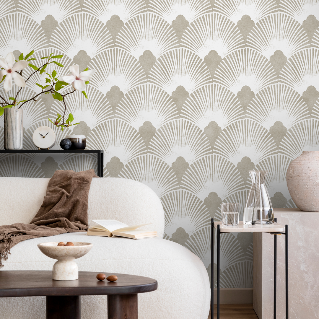 Art Deco Wallpaper with a Geometric Fan Pattern in Gray and White - C010
