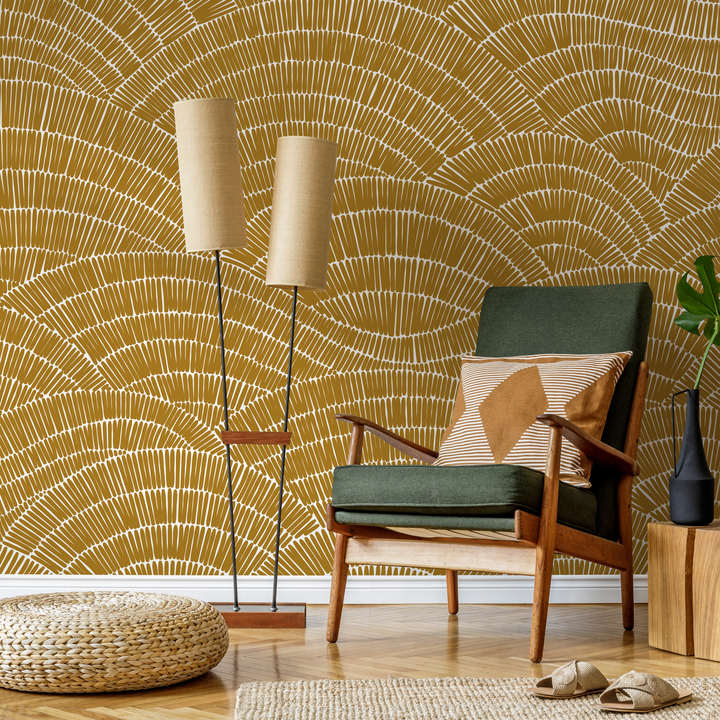 Abstract Wallpaper with a Hand-Drawn Fan Motif in Mustard and White - C025