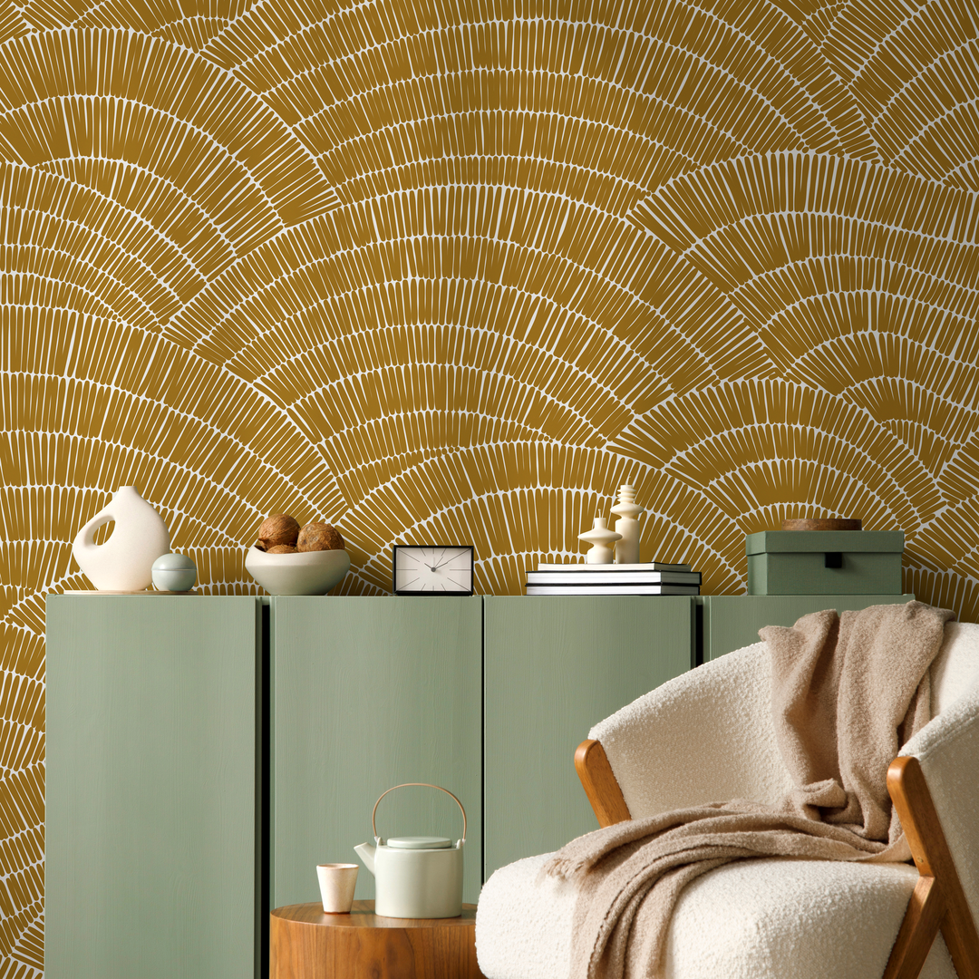 Abstract Wallpaper with a Hand-Drawn Fan Motif in Mustard and White - C025