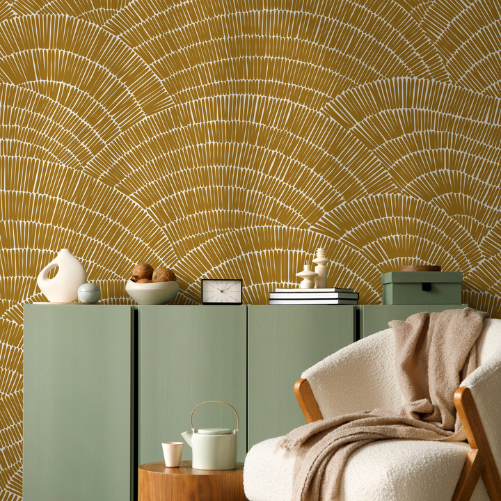 Abstract Wallpaper with a Hand-Drawn Fan Motif in Mustard and White - C025