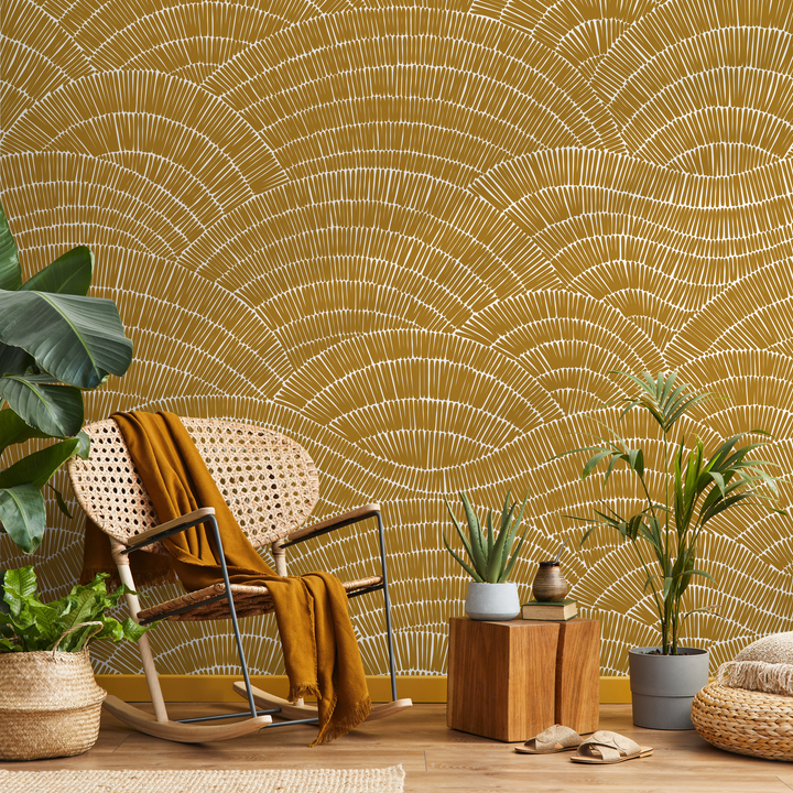 Abstract Wallpaper with a Hand-Drawn Fan Motif in Mustard and White - C025