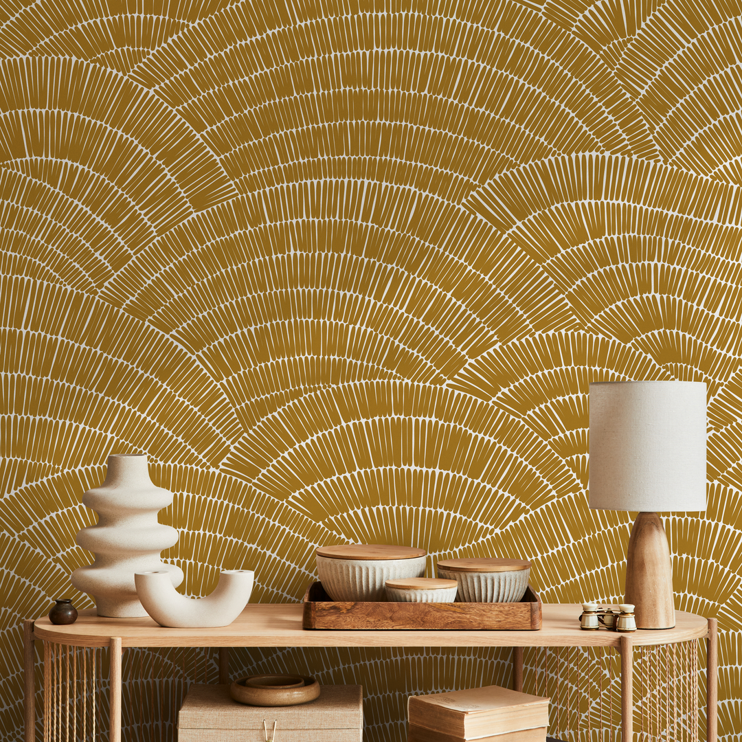 Abstract Wallpaper with a Hand-Drawn Fan Motif in Mustard and White - C025