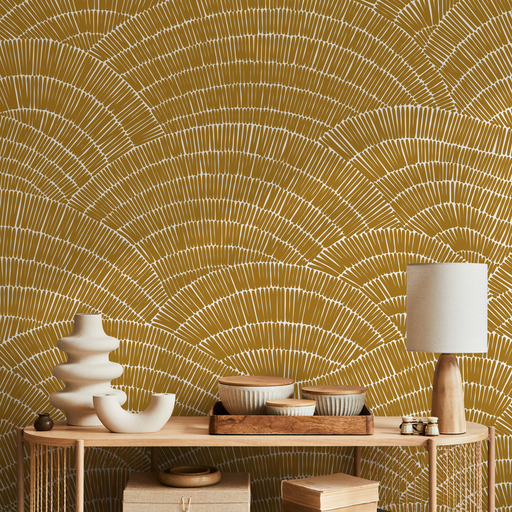 Abstract Wallpaper with a Hand-Drawn Fan Motif in Mustard and White - C025