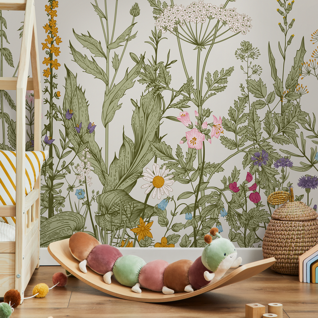 Botanical Wallpaper Featuring a Wildflower Meadow in Green, Pink, and Blue - C038