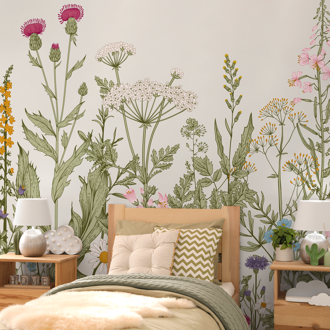 Botanical Wallpaper Featuring a Wildflower Meadow in Green, Pink, and Blue - C038