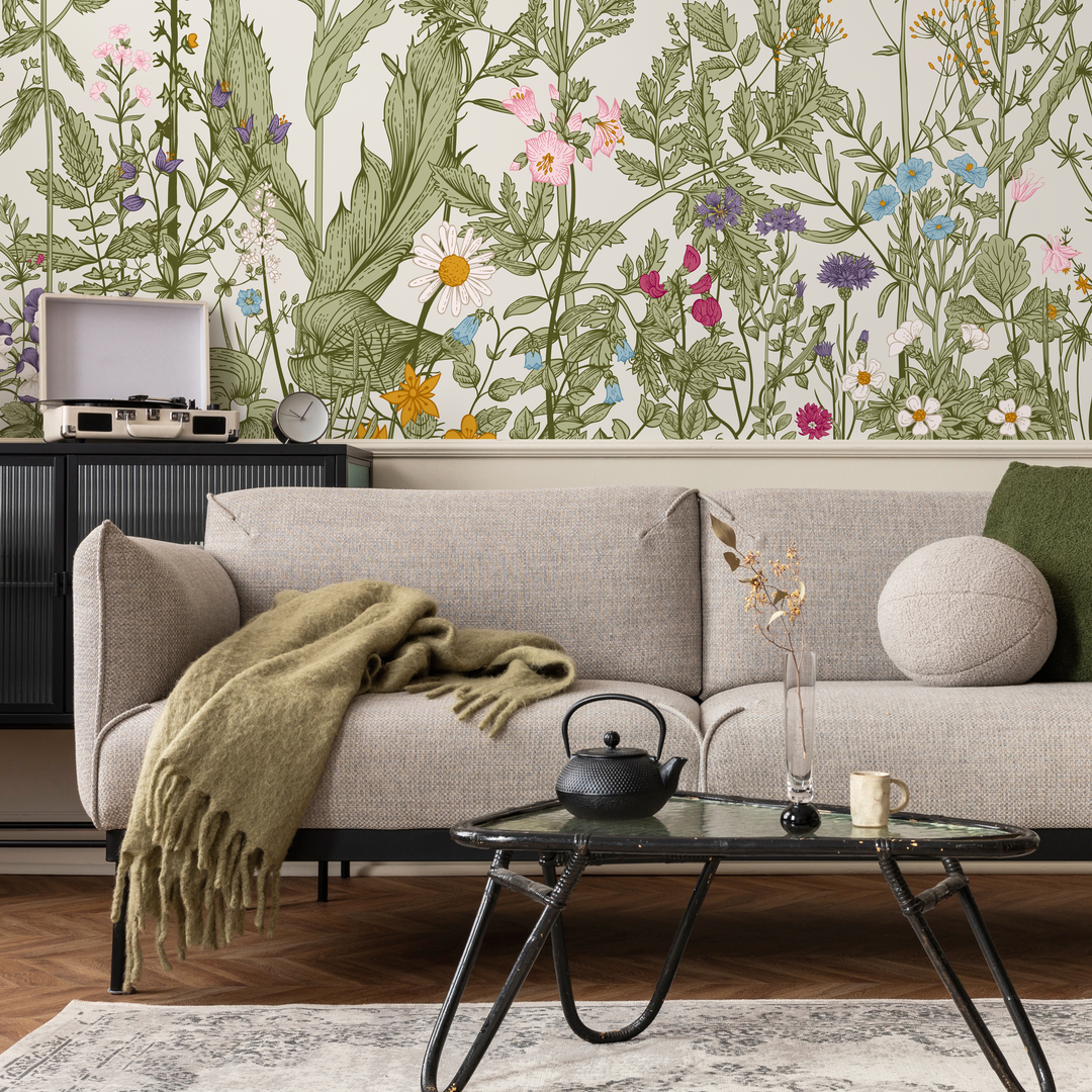 Botanical Wallpaper Featuring a Wildflower Meadow in Green, Pink, and Blue - C038