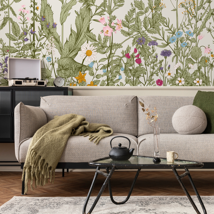 Botanical Wallpaper Featuring a Wildflower Meadow in Green, Pink, and Blue - C038