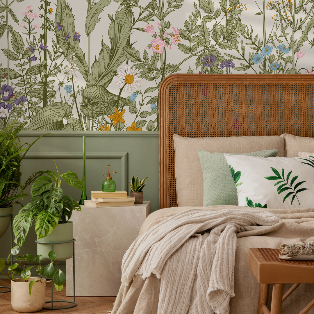 Botanical Wallpaper Featuring a Wildflower Meadow in Green, Pink, and Blue - C038