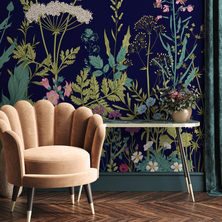 Botanical Wallpaper Featuring a Wildflower Meadow in Navy Blue, Green, and Pink - C039