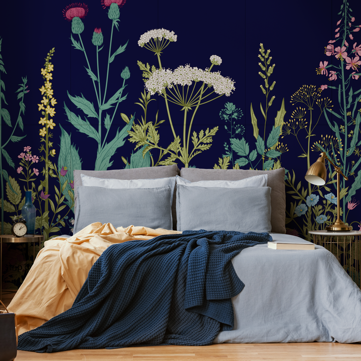 Botanical Wallpaper Featuring a Wildflower Meadow in Navy Blue, Green, and Pink - C039