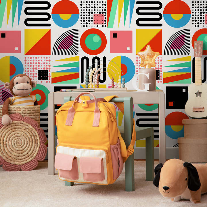 Geometric Wallpaper with Retro Abstract Shapes in Red, Yellow, and Blue - C048