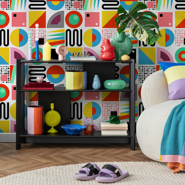 Geometric Wallpaper with Retro Abstract Shapes in Red, Yellow, and Blue - C048