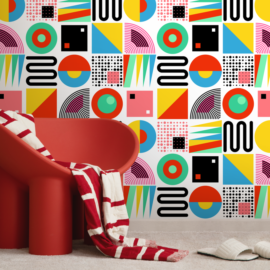 Geometric Wallpaper with Retro Abstract Shapes in Red, Yellow, and Blue - C048