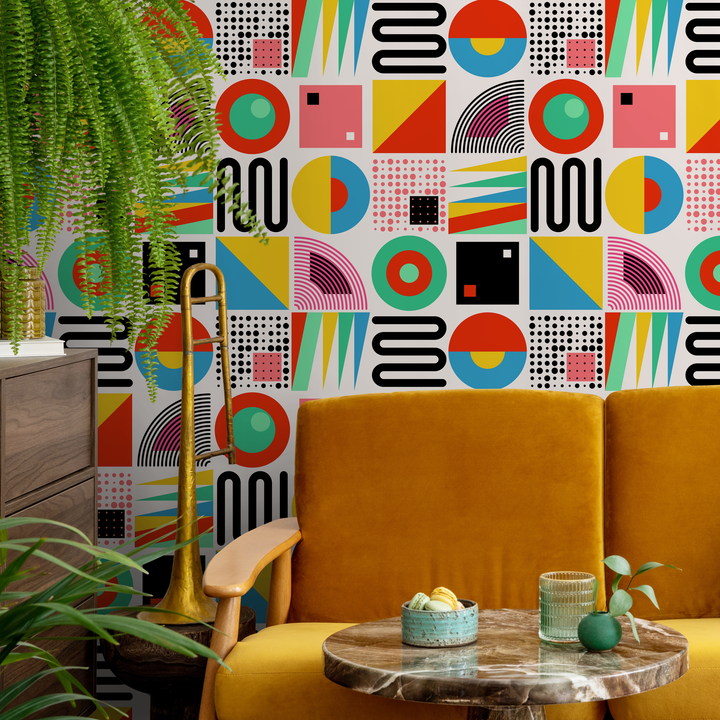 Geometric Wallpaper with Retro Abstract Shapes in Red, Yellow, and Blue - C048