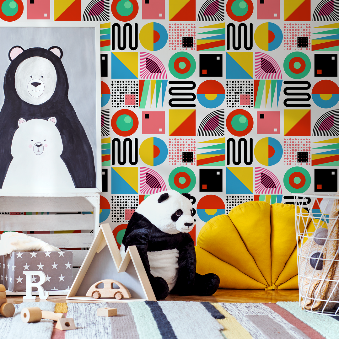Geometric Wallpaper with Retro Abstract Shapes in Red, Yellow, and Blue - C048