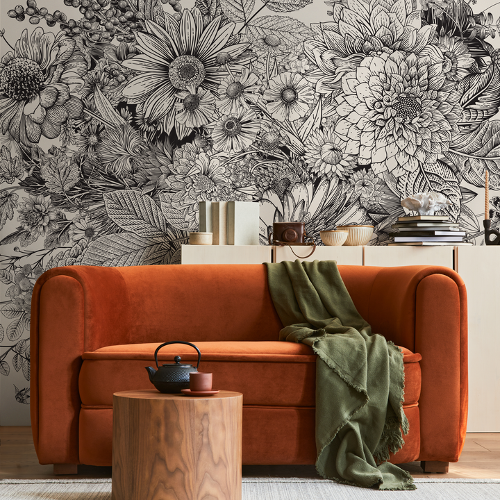 Floral Wallpaper with a Detailed Botanical Sketch in Black and White - C056