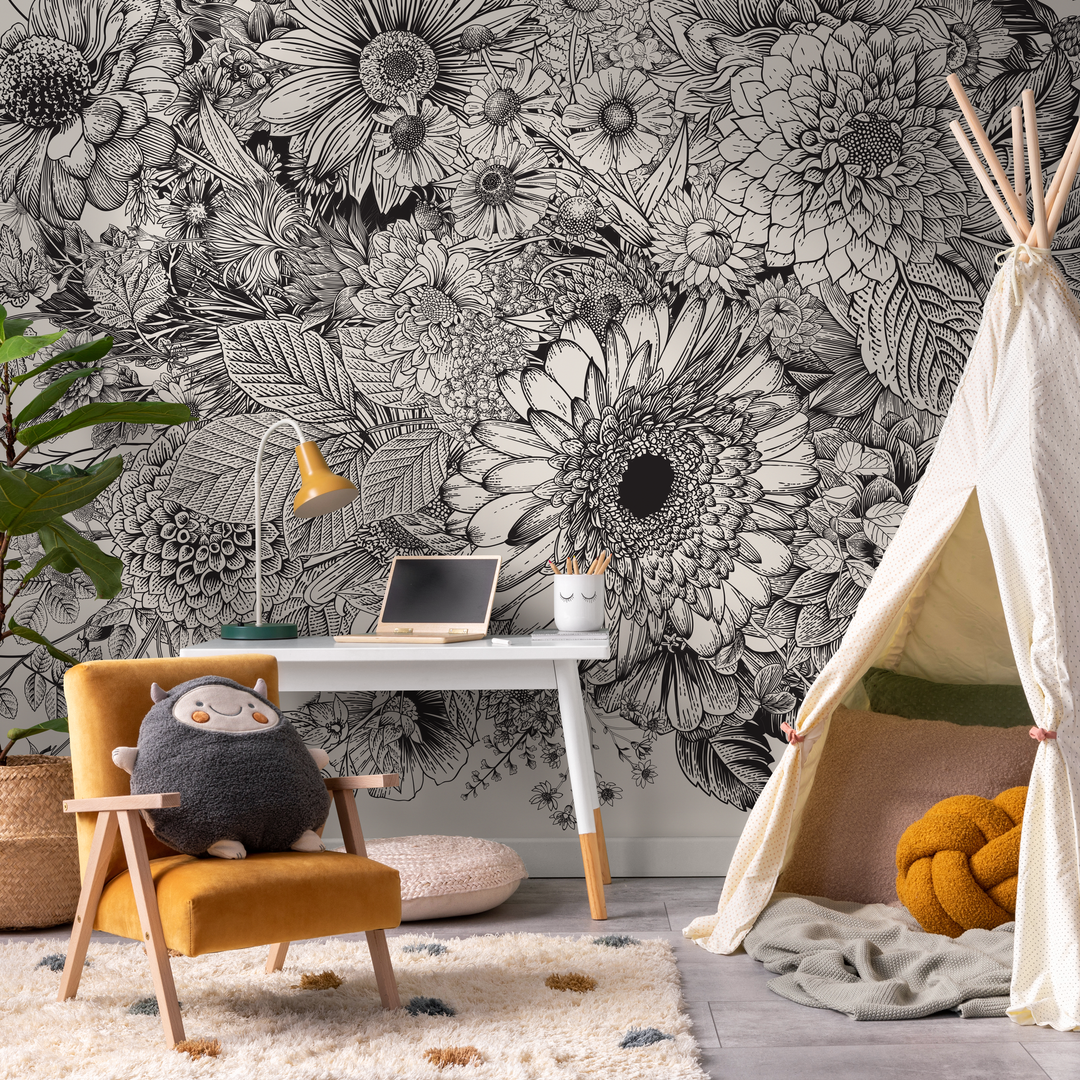 Floral Wallpaper with a Detailed Botanical Sketch in Black and White - C056