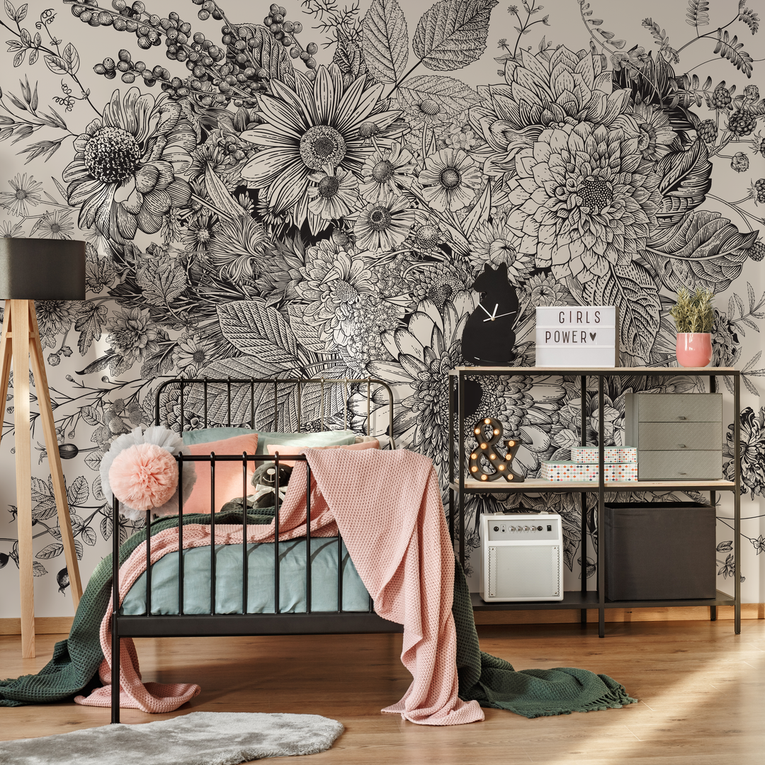 Floral Wallpaper with a Detailed Botanical Sketch in Black and White - C056