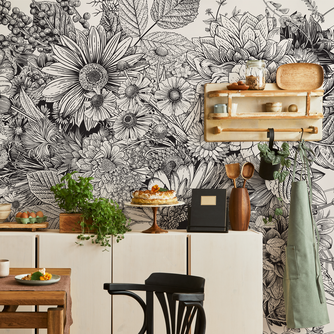 Floral Wallpaper with a Detailed Botanical Sketch in Black and White - C056